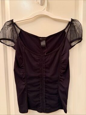 NWT BCBG MaxAzria Black Stretchy Top Sheer Cap Sleeves Small Y2K